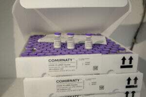 Caixa branca aberta com ampolas da vacina Comirnaty da Pfizer contra a covid-19