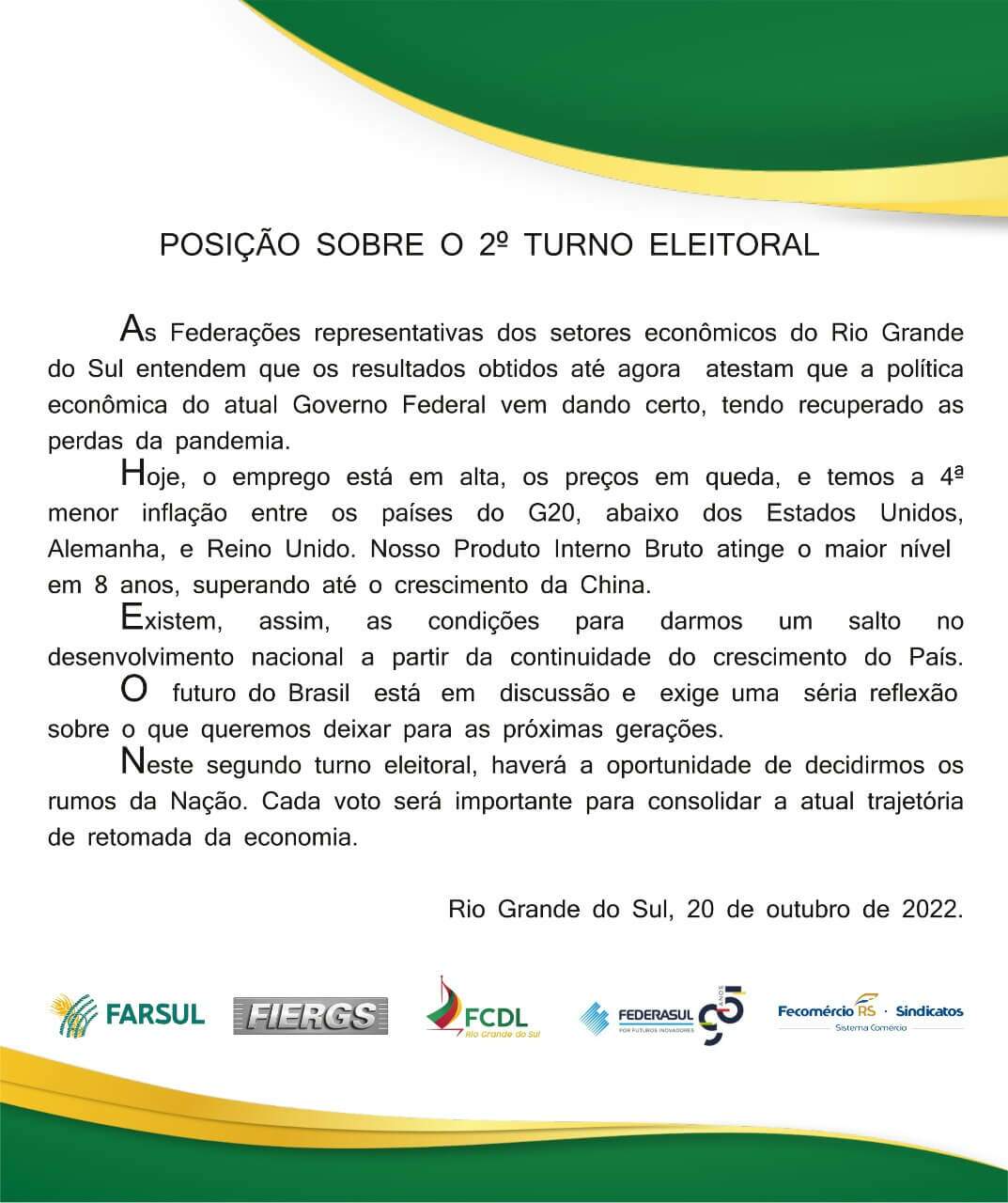 Nota federações econômicas do Rio Grande do Sul pro-Bolsonaro