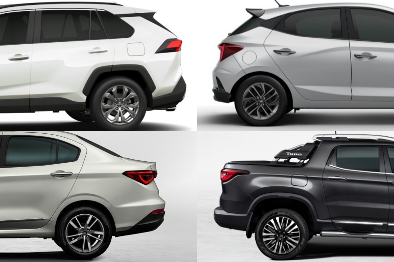 Toyota RAV4, Hyundai HB20, Fiat Cronos e Fiat Toro.