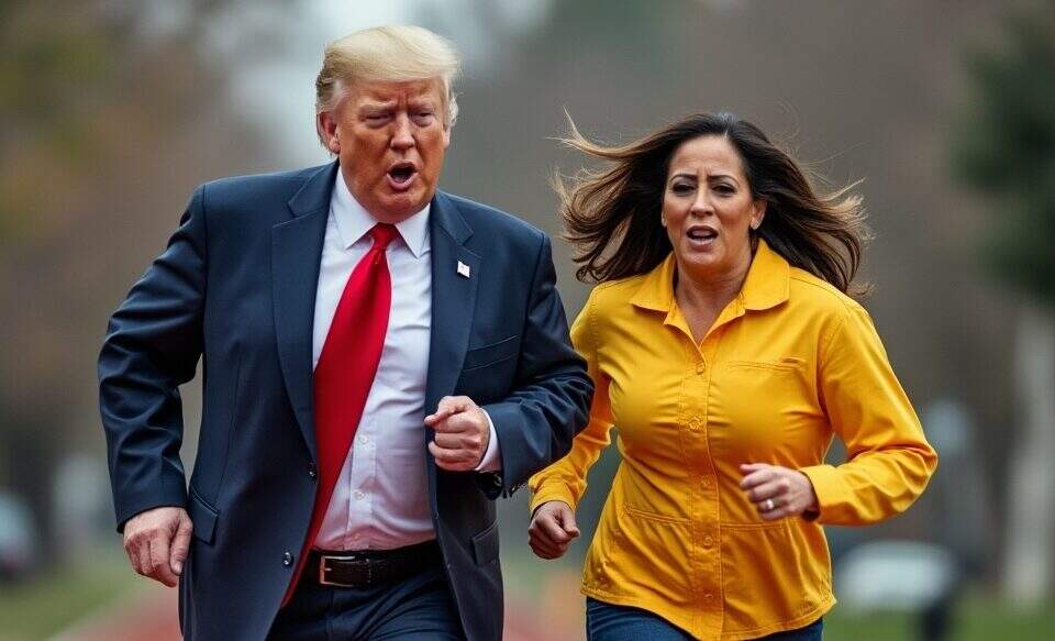 Imagem gerada pela inteligência artificial Grok, do 'X', mostra corrida entre Donald Trump e Kamala Harris. Foto: Grok/Diário do Poder