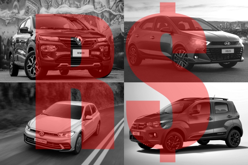 Montagem Renault Kwid, Hyundai HB20, Volks Polo e Fiat Mobi com cifrão em vermelho.