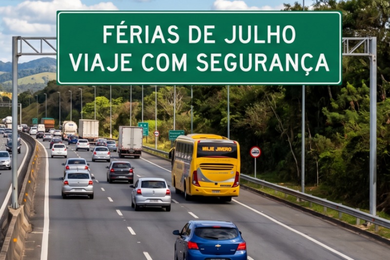 Imagem de carros em uma rodovia com a placa "Férias de Julho, Viaje com segurança".
